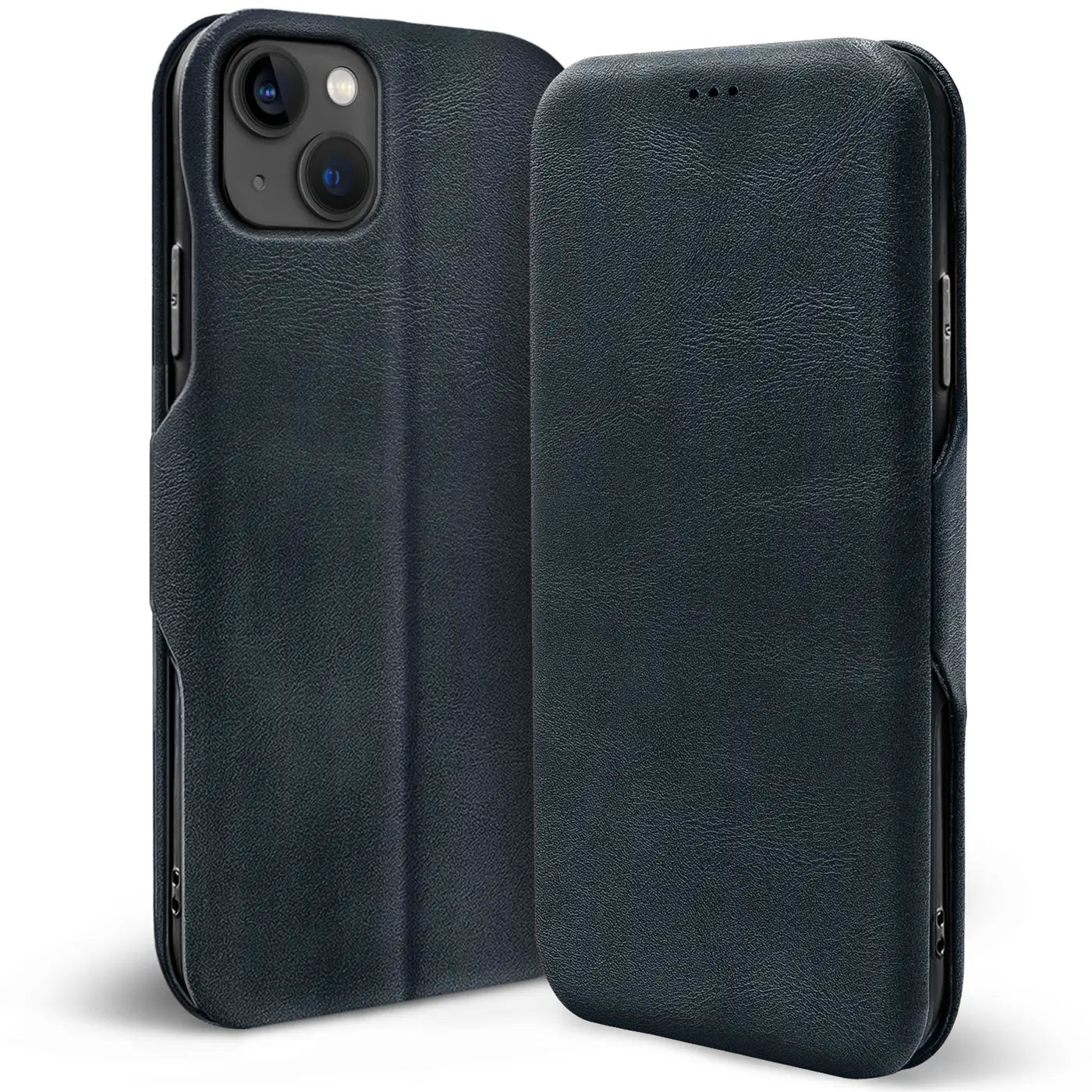 Dunkelblaue Leder-Klapphülle für iPhone 13, Vorder- und Rückseite, mit Kartenfach
