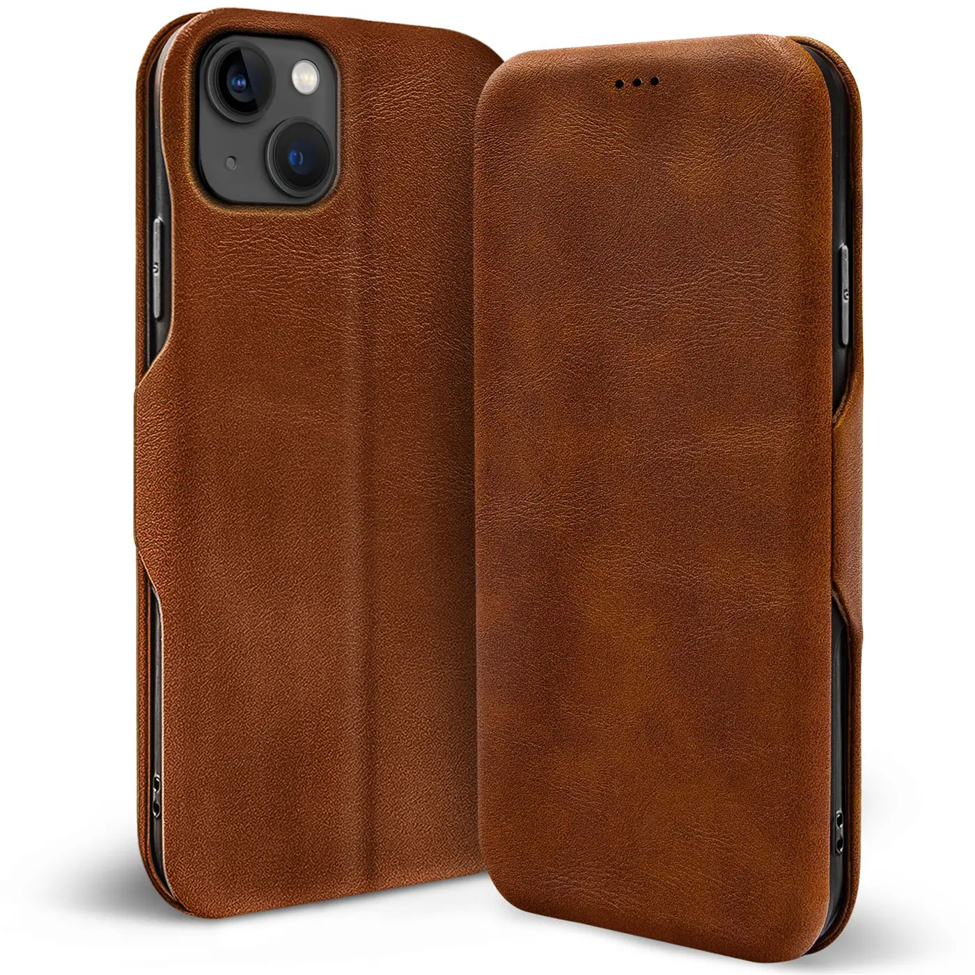 Braune Leder-Klapphülle für iPhone 13, von vorne, mit Kartenfach.