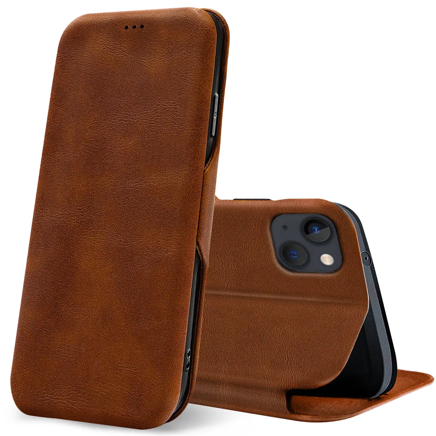 Braune Leder-Klapphülle mit Kartenfach, iPhone 13, Seitenansicht