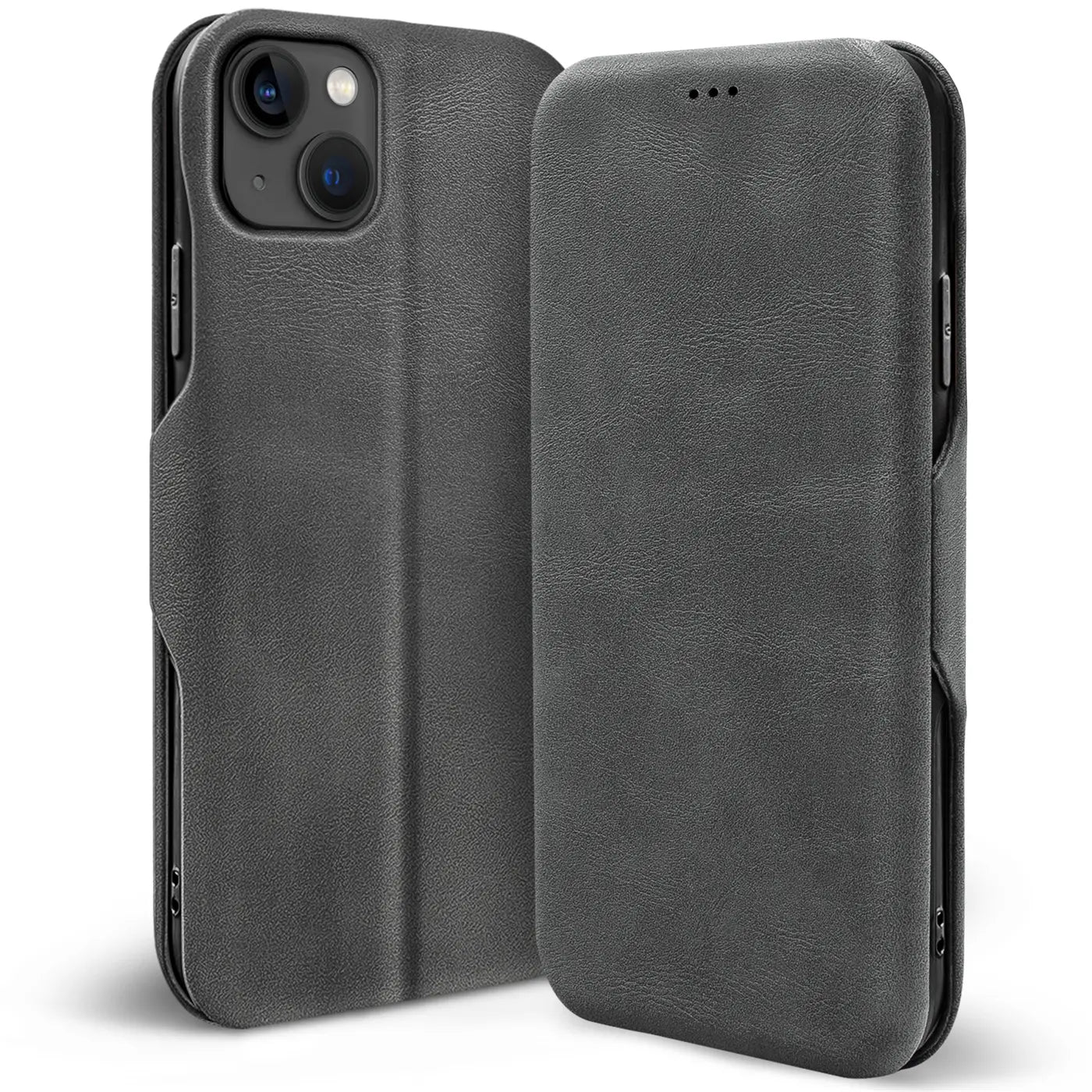 Graue Leder-Klapphülle mit Kartenfach für iPhone 13, Seitenansicht.