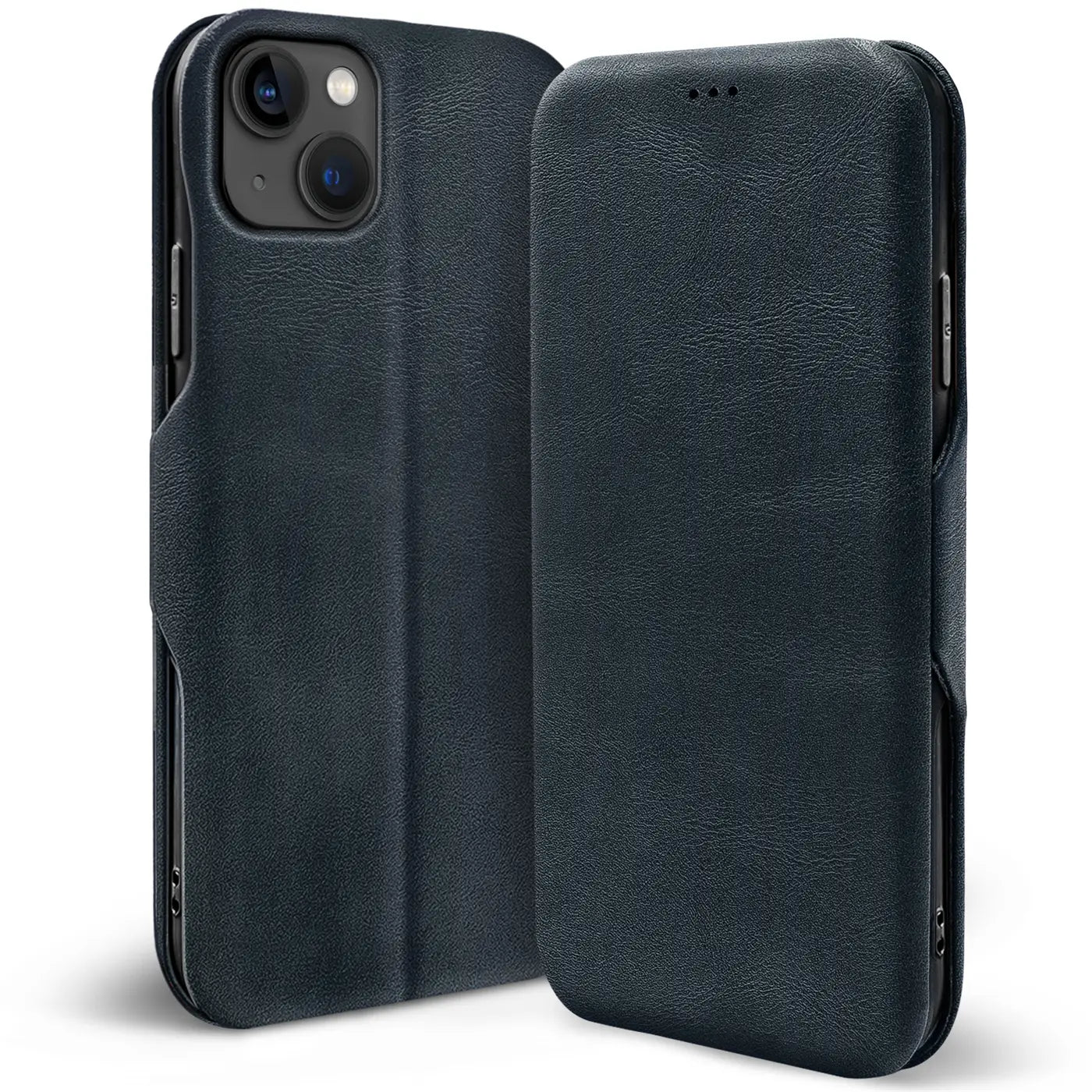Dunkelblaue Leder-Klapphülle für iPhone 13 Mini, von vorne, mit Kartenfach.