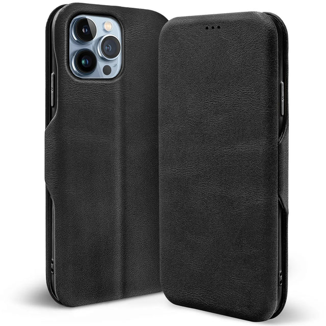 Robuste Klapphülle für iPhone 13 Pro Max mit Magnetverschluss in Schwarz