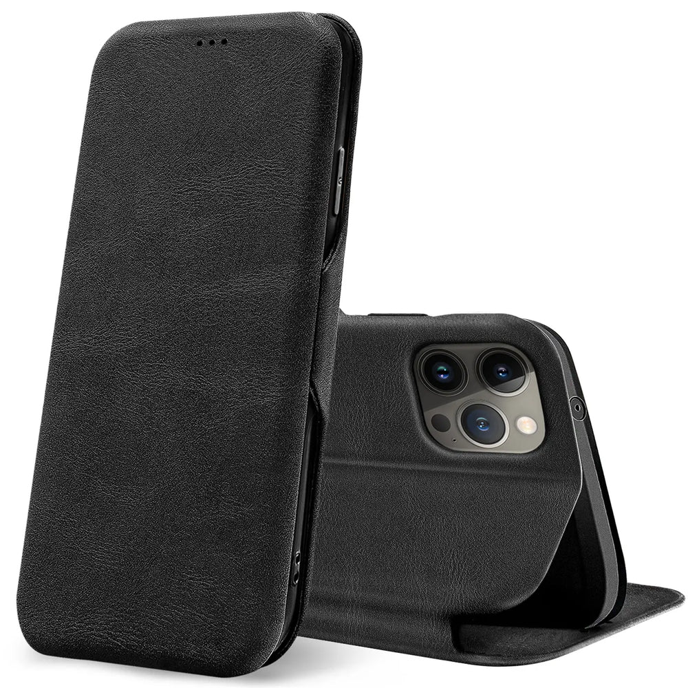 Robuste Klapphülle für iPhone 13 Pro Max mit Magnetverschluss in Schwarz