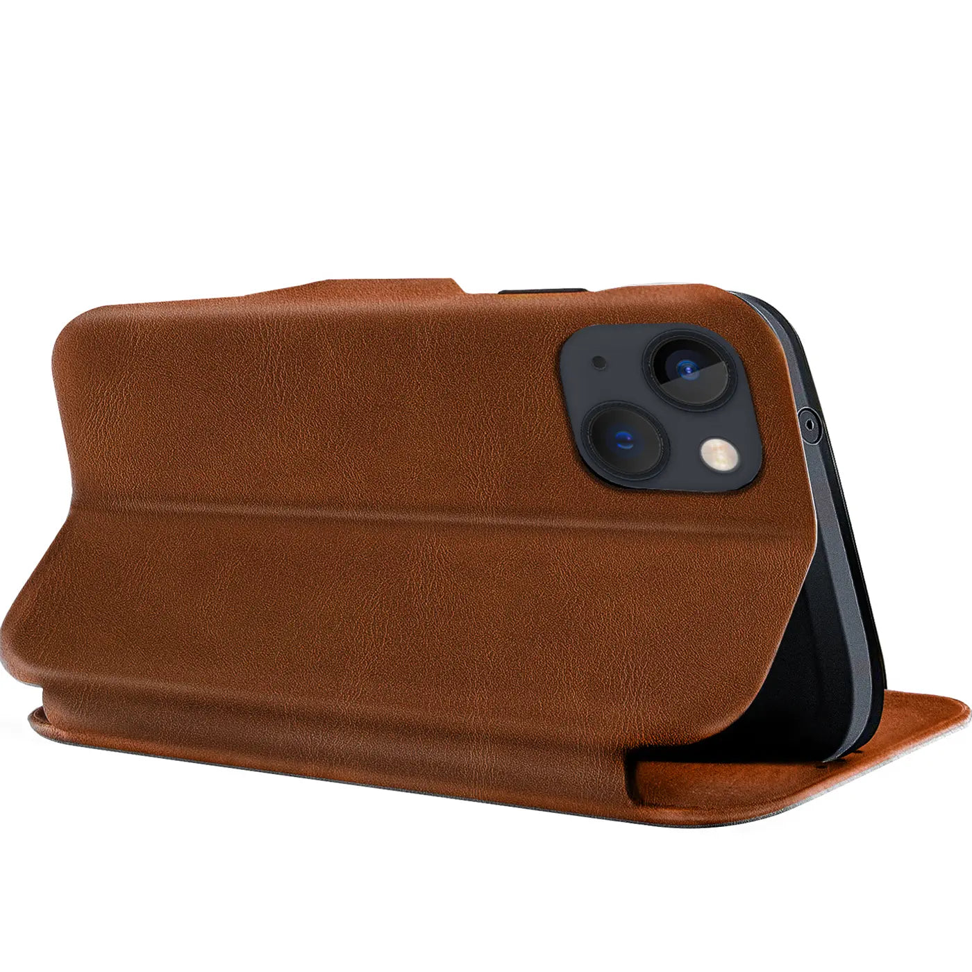 Braune Leder-Klapphülle mit Kartenfach, seitliche Ansicht, zeigt iPhone 15 mit Kamera.