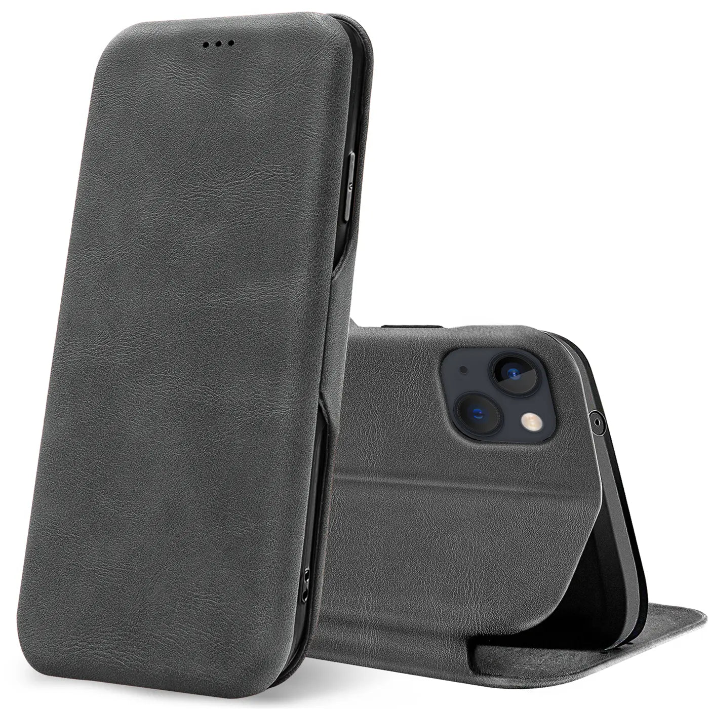 Graue Kunstleder-Klapphülle für iPhone 15, von vorne/seitlich, mit offenem Deckel.