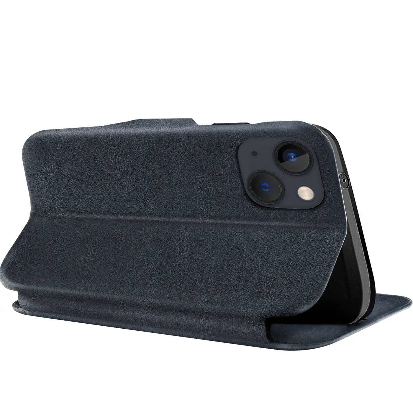 Dunkelblaue Leder-Klapphülle mit Kartenfach, seitliche Ansicht, zeigt iPhone 15 Plus