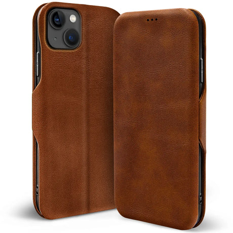 Robuste Klapphülle für iPhone 15 Plus mit Magnetverschluss in Braun