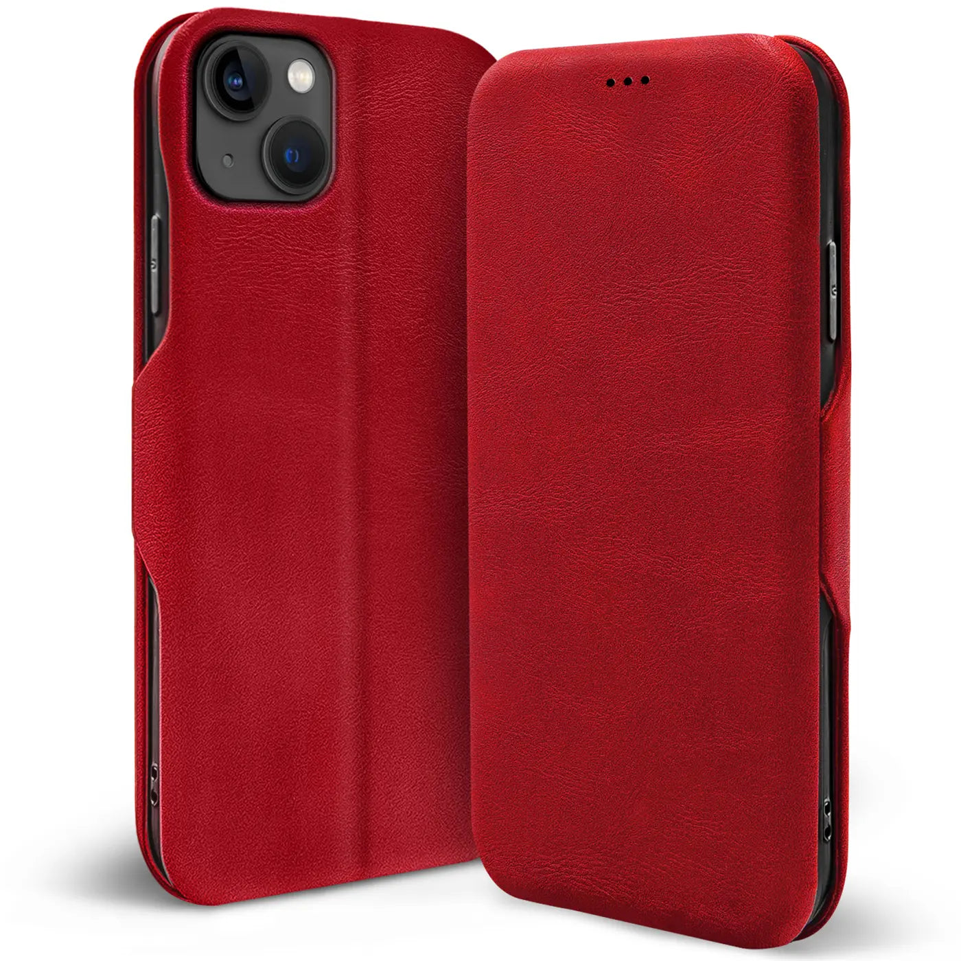 Rote Leder-Klapphülle mit Kartenfach, zeigt iPhone 15 Plus von vorne und hinten.