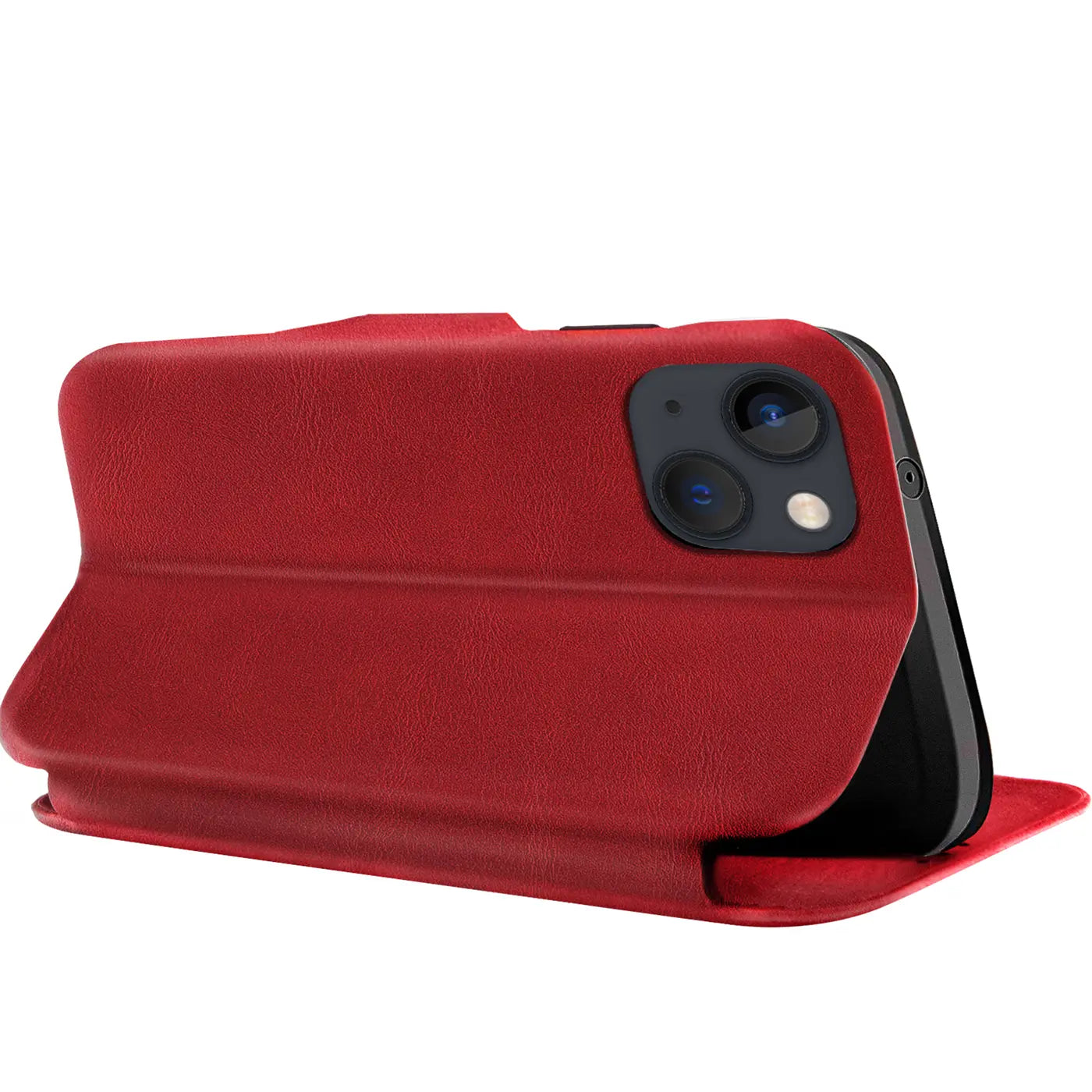 Rote Leder-Klapphülle mit Kartenfach für iPhone 15 Plus, Seitenansicht.