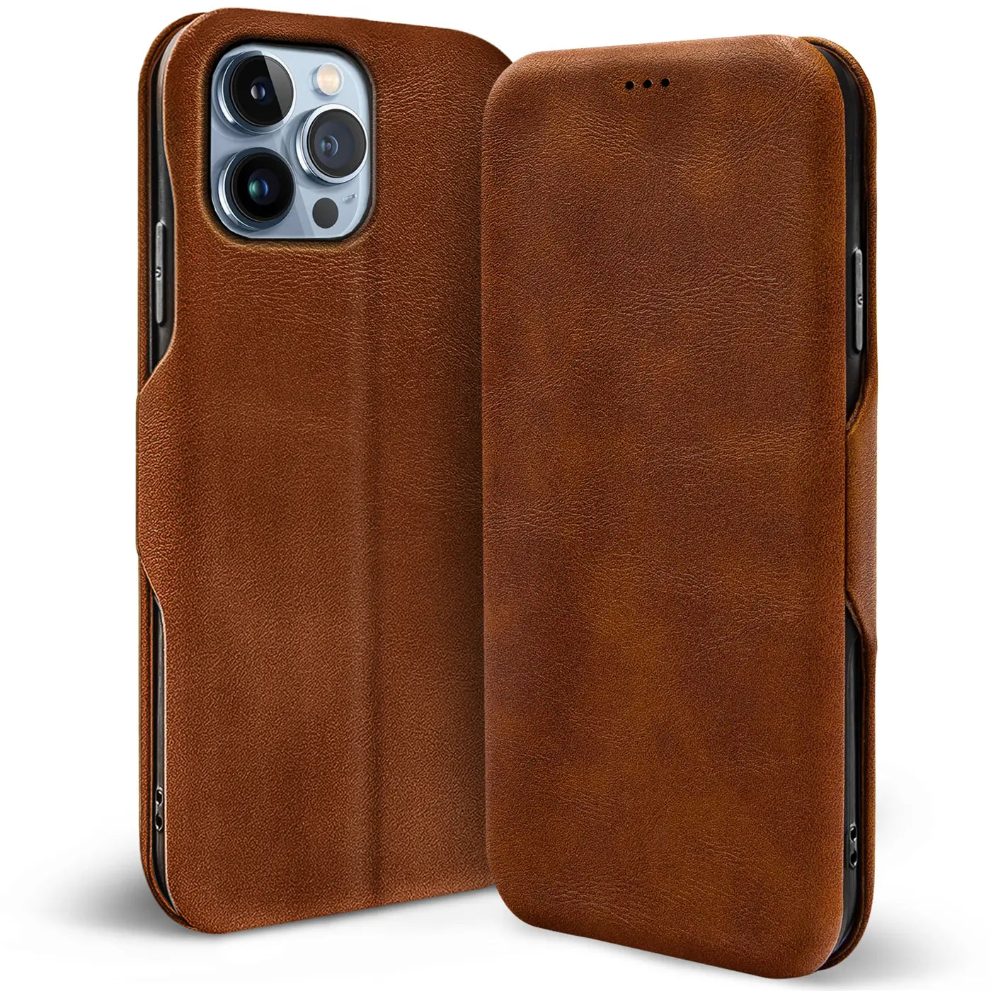 Braune Leder-Klapphülle für iPhone 15 Pro, von vorne/seitlich gezeigt.
