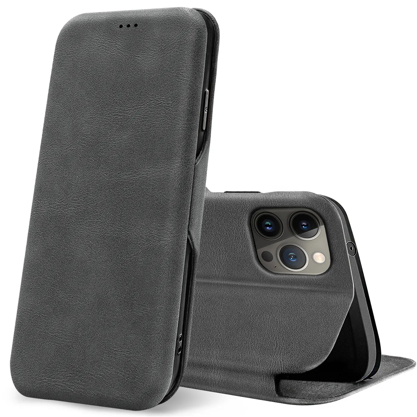 Graue Kunstleder-Klapphülle, seitliche Ansicht, zeigt iPhone 15 Pro Kamera
