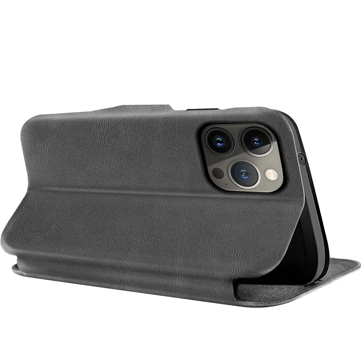 Graue Kunstleder-Klapphülle mit Kartenfach, von schräg hinten auf ein iPhone 15 Pro aufgesetzt.