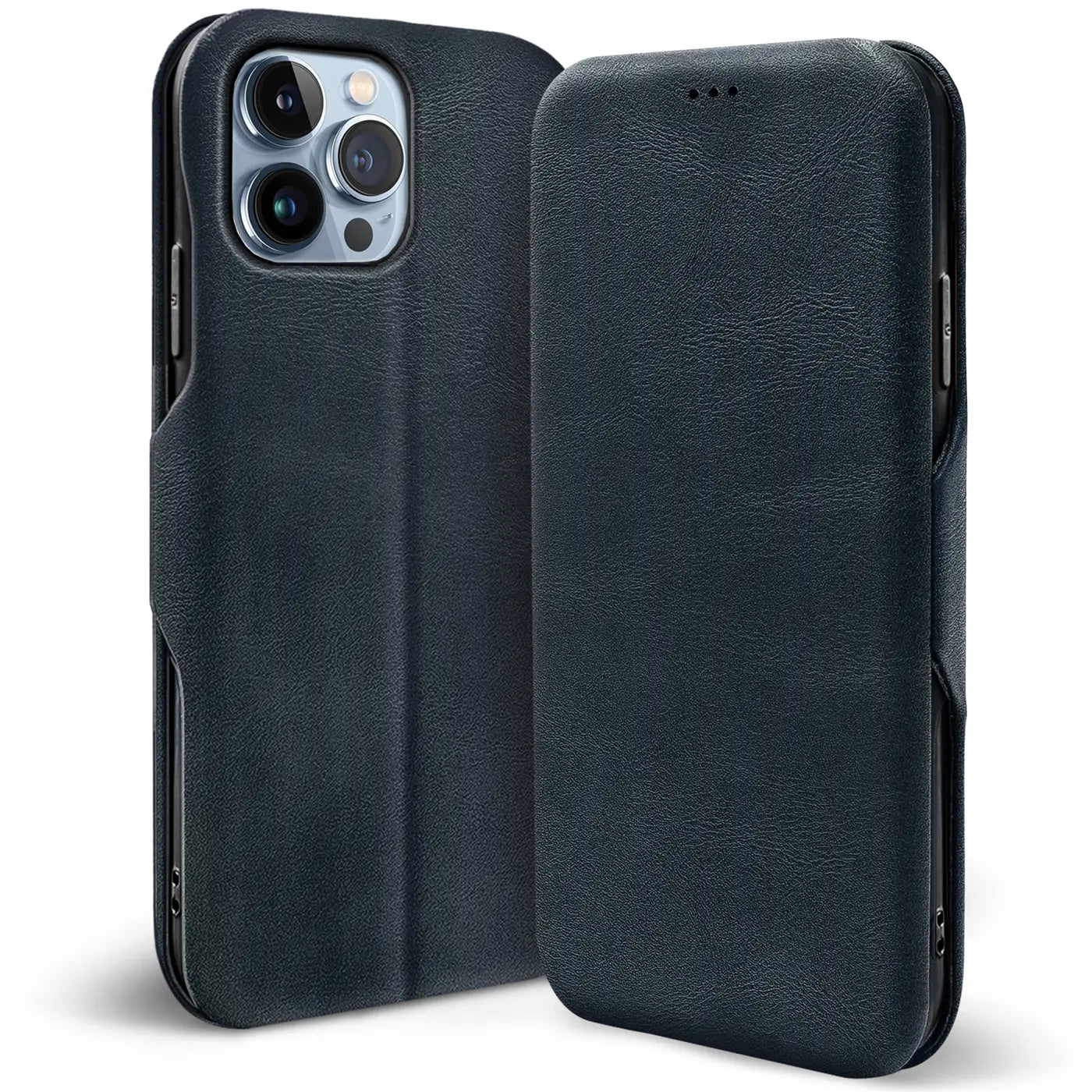 Dunkelblaue Leder-Klapphülle für iPhone 15 Pro Max, von vorne und hinten gezeigt.