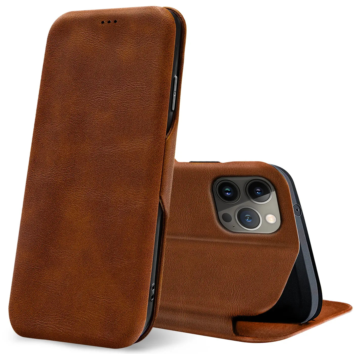 Braune Leder-Klapphülle mit Kartenfach für iPhone 15 Pro Max, Seitenansicht.