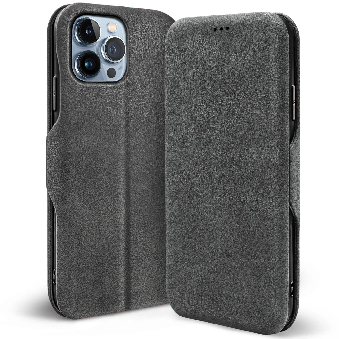 Graue Leder-Klapphülle mit Kartenfach für iPhone 15 Pro Max, Seitenansicht.