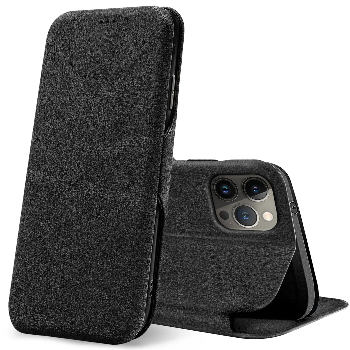 Schwarze Leder-Klapphülle mit Kartenfach, zeigt iPhone 15 Pro Max Rückseite, Vorderansicht.