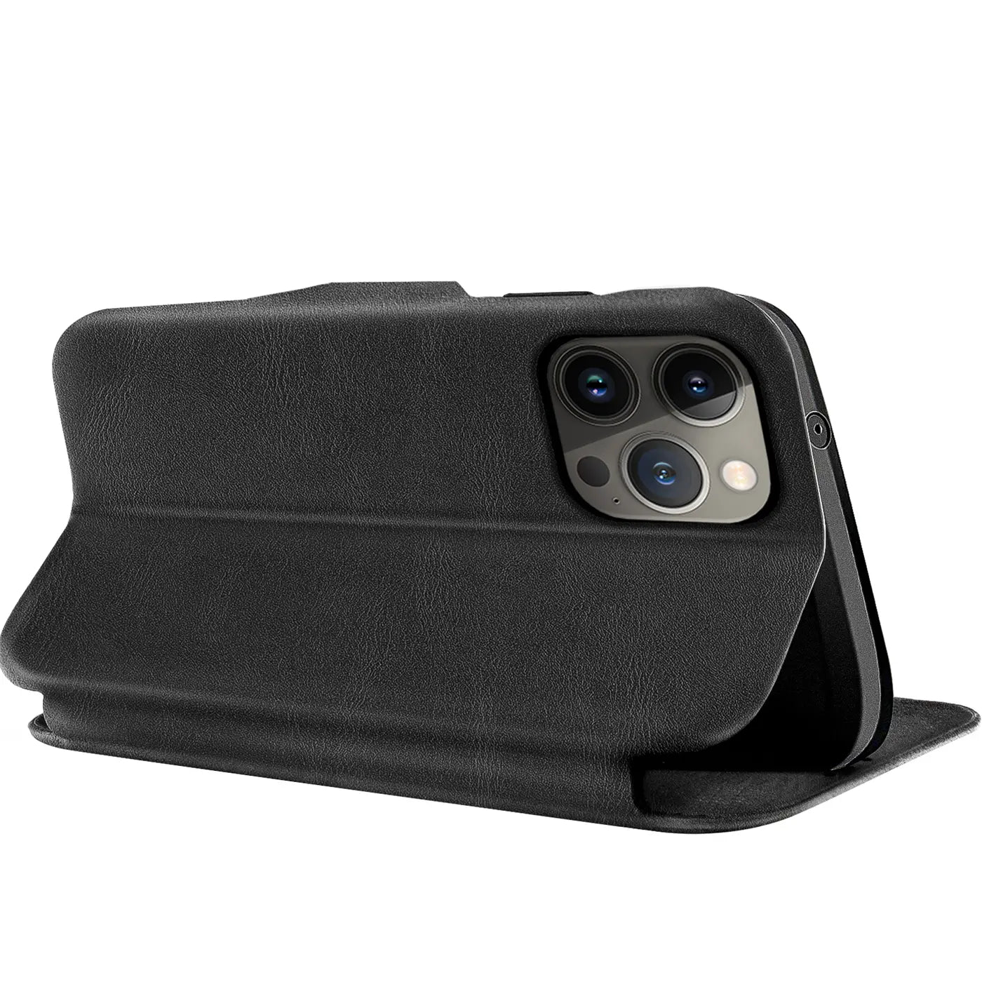 Schwarze Leder-Klapphülle mit Kartenfach, seitliche Ansicht, zeigt iPhone 15 Pro Max Kamera