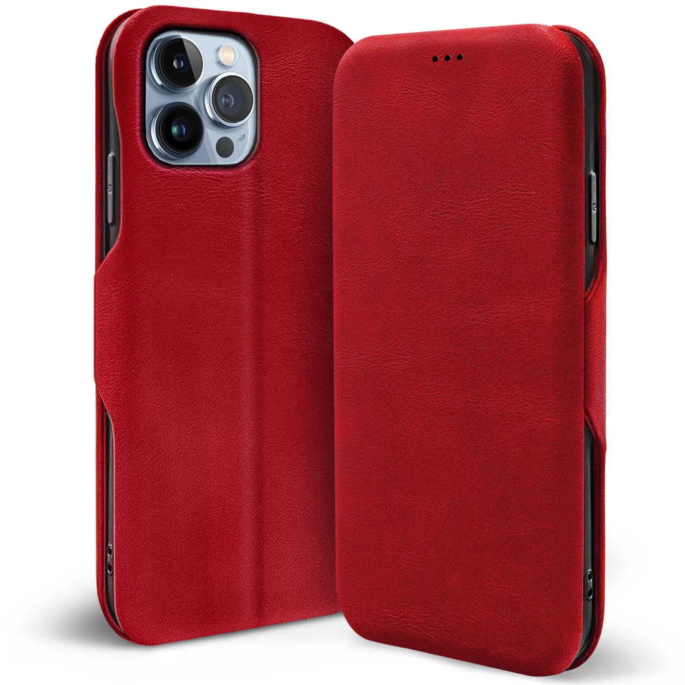 Rote Leder-Klapphülle für iPhone 15 Pro, Vorder- und Rückansicht.