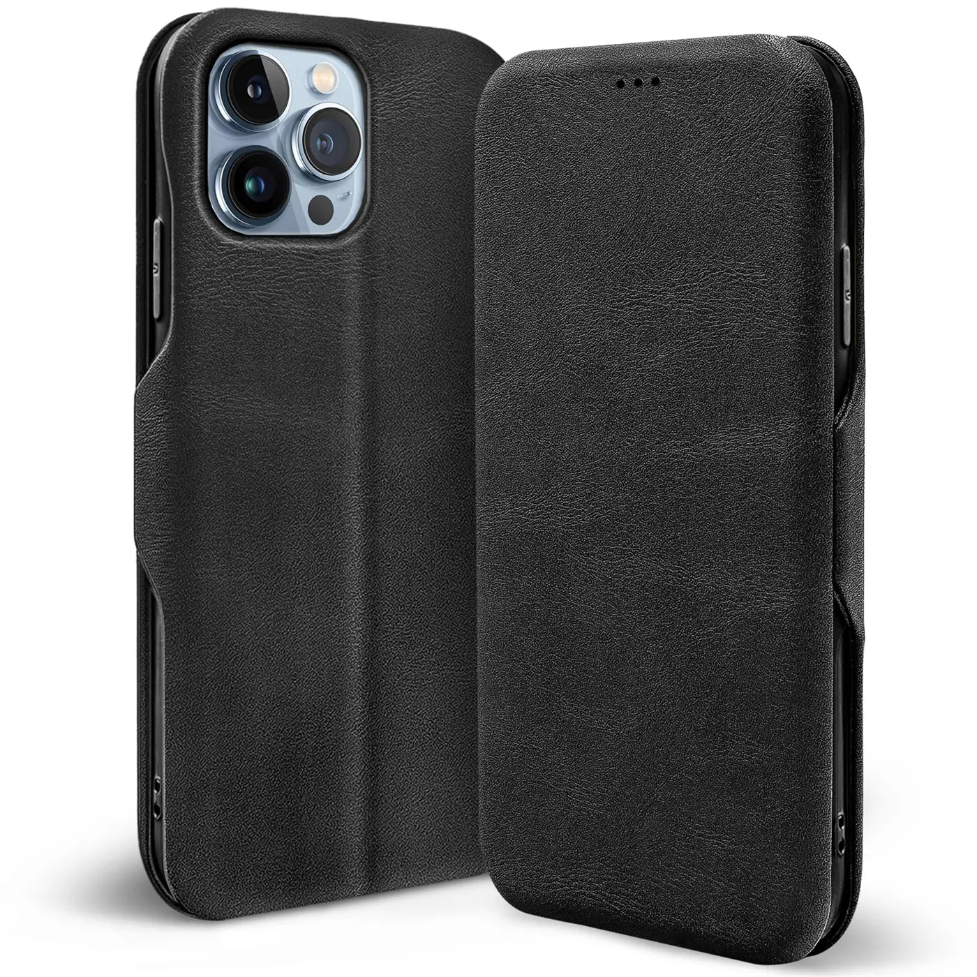 Schwarze Leder-Klapphülle mit Kartenfach für iPhone 15 Pro, Seitenansicht.