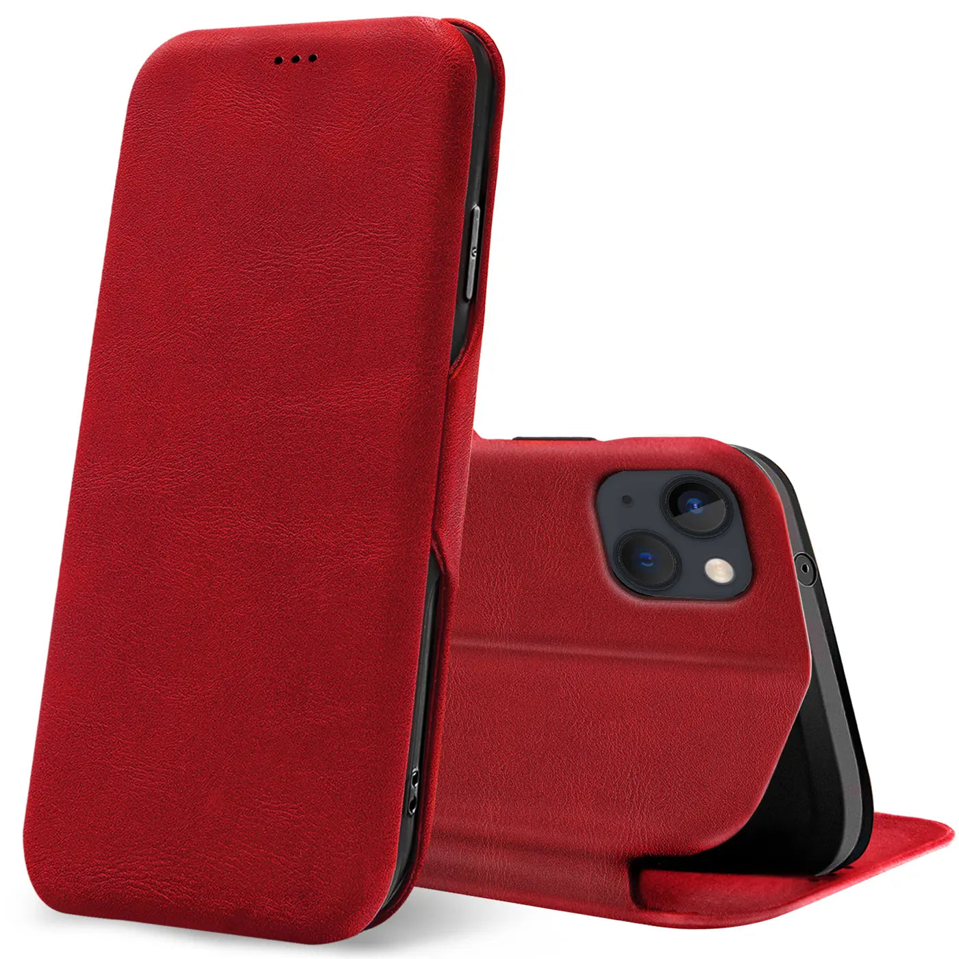 Rote Leder-Klapphülle mit Kartenfach für iPhone 15, von vorne/seitlich.