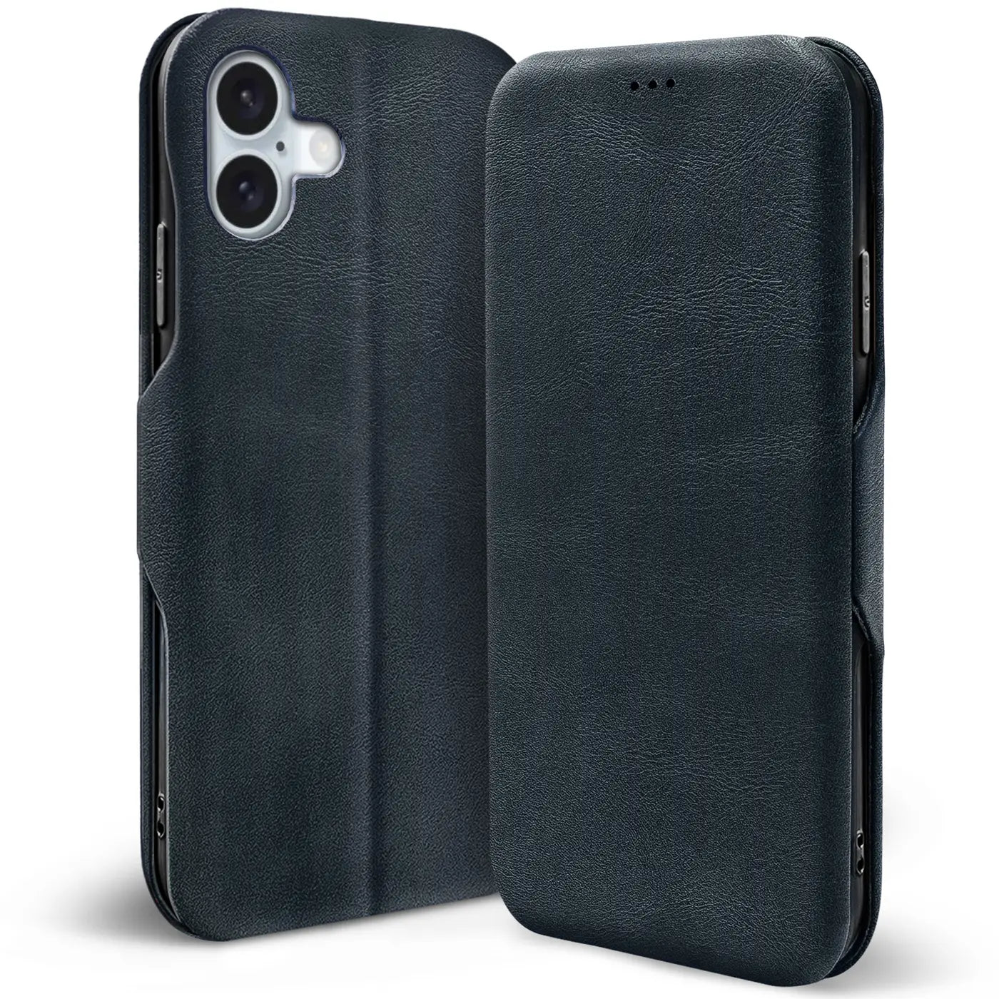 Dunkelblaue Leder-Klapphülle mit Kartenfach für iPhone 16, von vorne und hinten gezeigt.