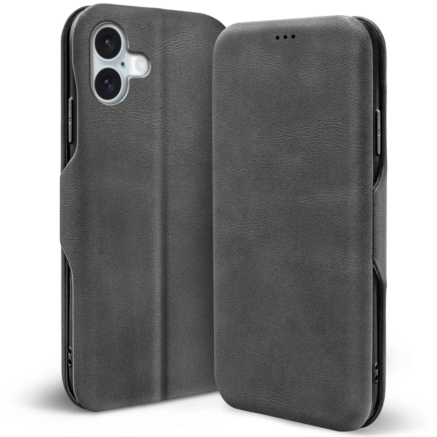 Graue Kunstleder-Klapphülle mit Kartenfach, Vorder- und Rückansicht, für iPhone 16.