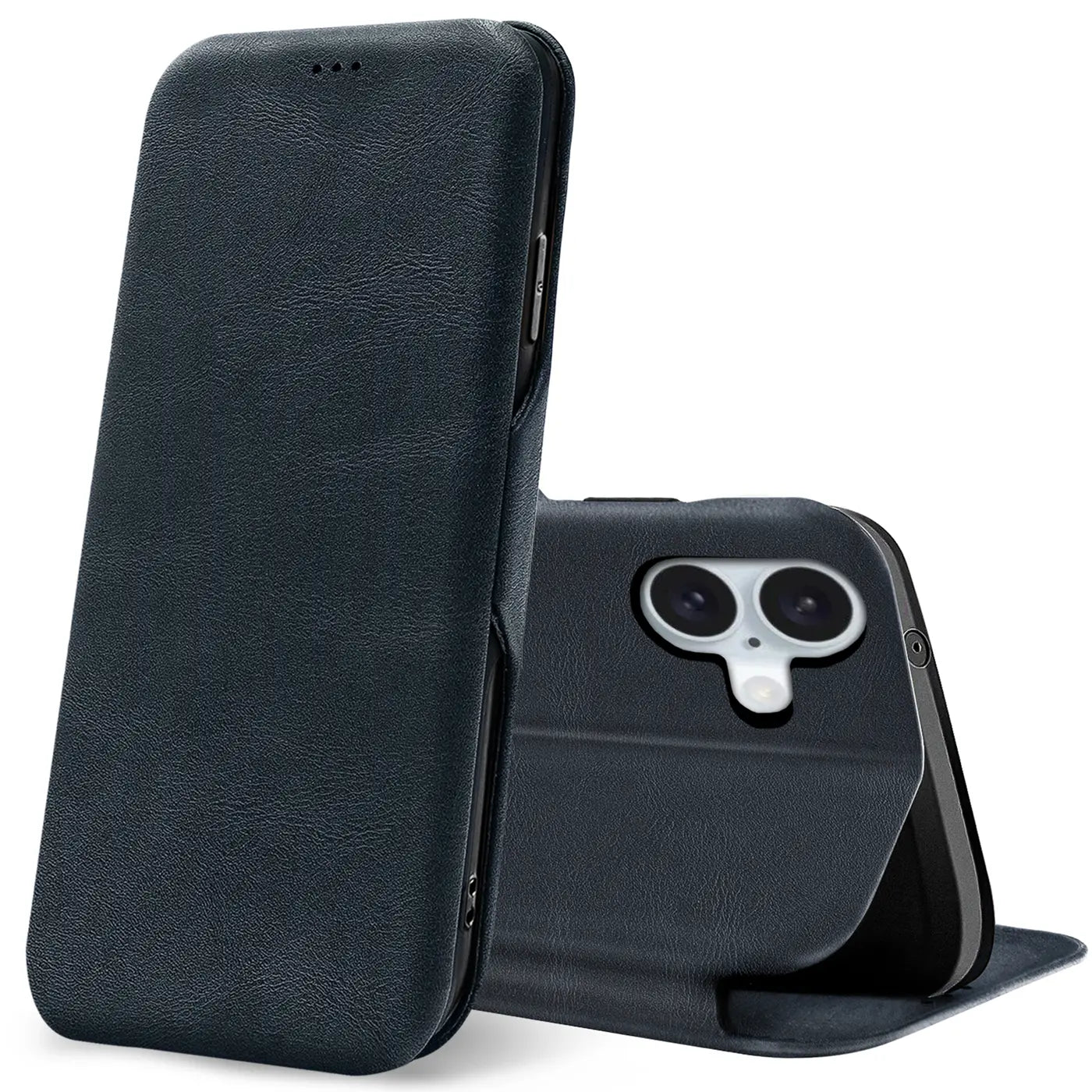 Dunkelblaue Leder-Klapphülle mit Kartenfach, iPhone 16 Plus, von vorne/leicht schräg
