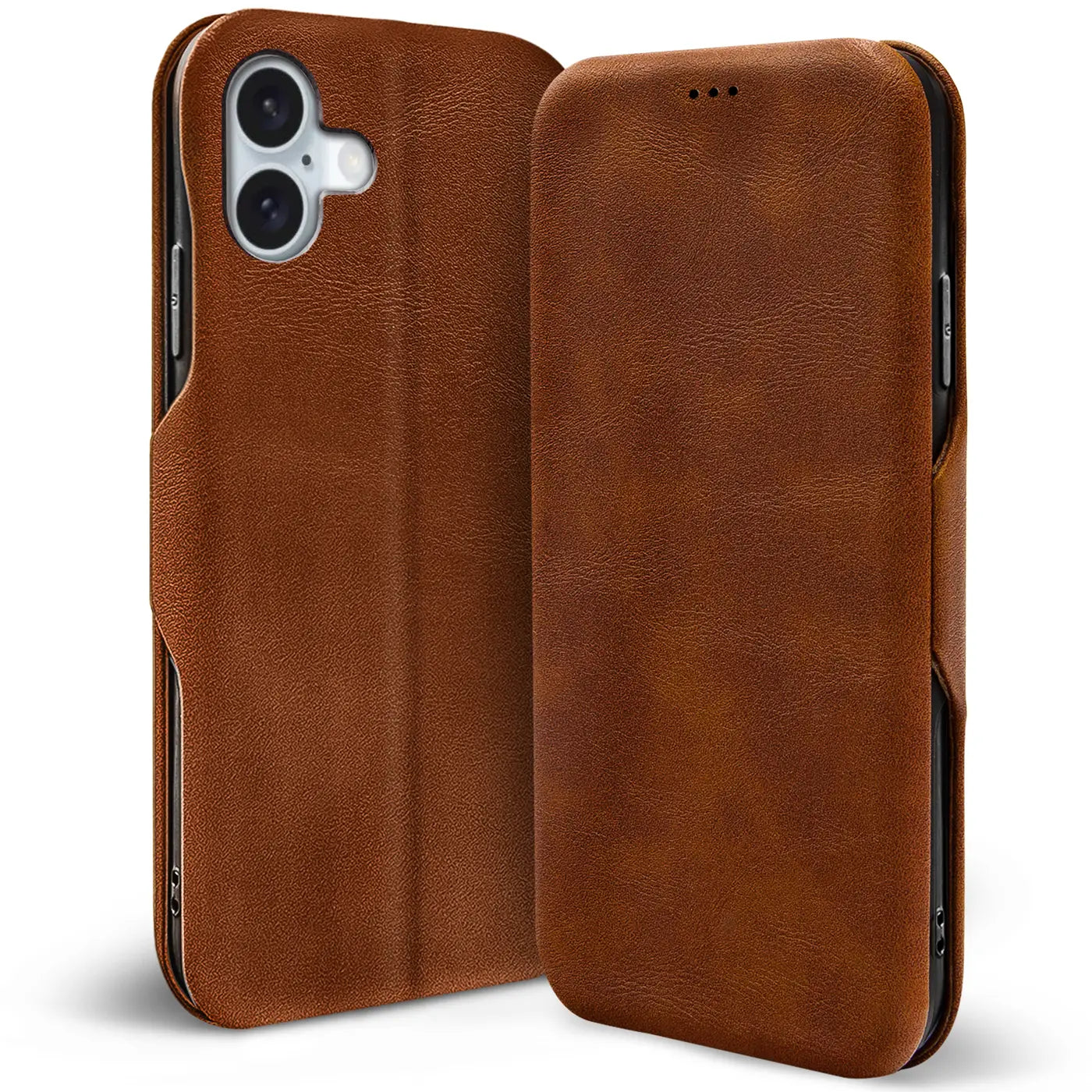 Braune Leder-Klapphülle mit Kartenfach, seitliche Ansicht, zeigt iPhone 16 Plus.