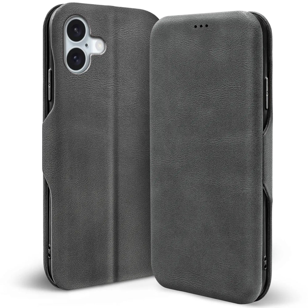 Robuste Klapphülle für iPhone 16 Plus mit Magnetverschluss in Grau