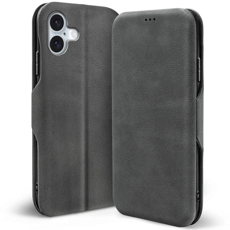 Robuste Klapphülle für iPhone 16 Plus mit Magnetverschluss in Grau