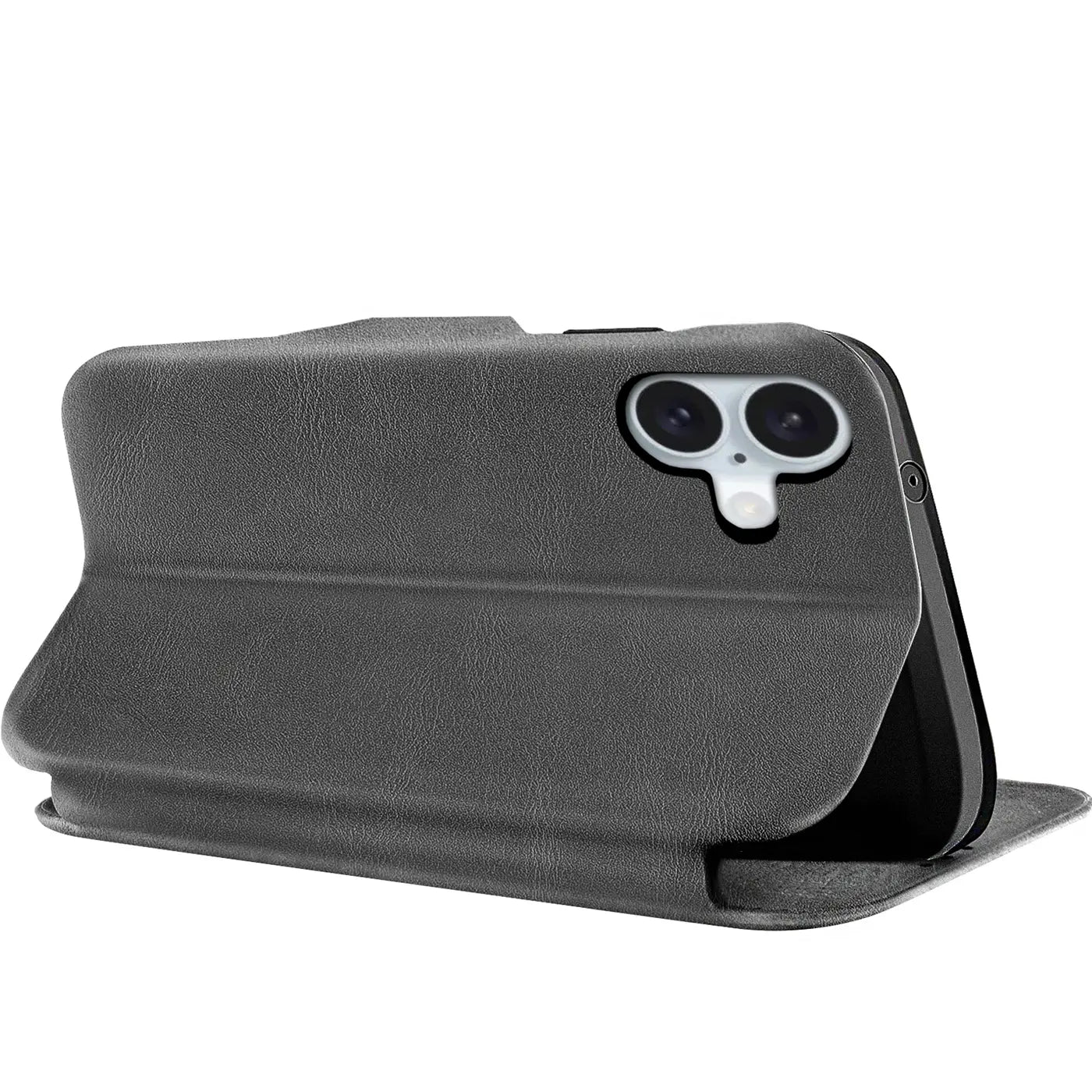 Graue Kunstleder-Klapphülle für iPhone 16 Plus, Seitenansicht.