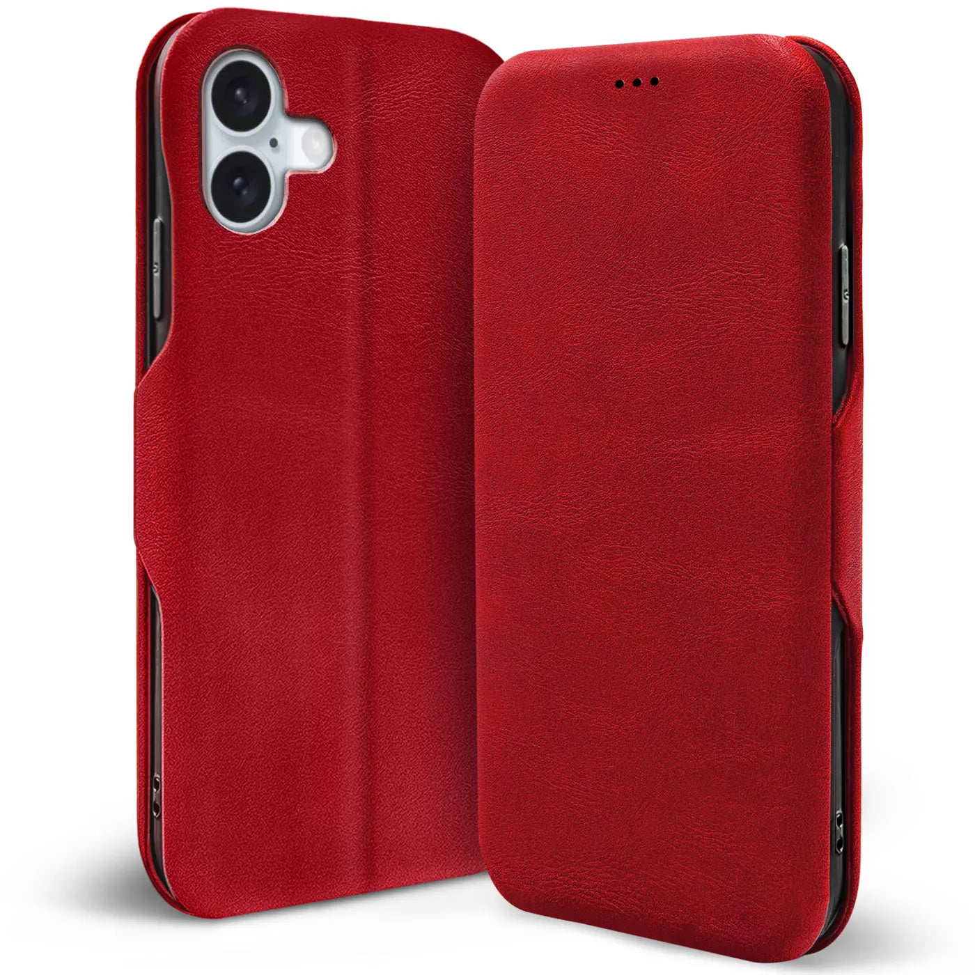 Rote Leder-Klapphülle mit Kartenfach, Vorderansicht, iPhone 16 Plus.