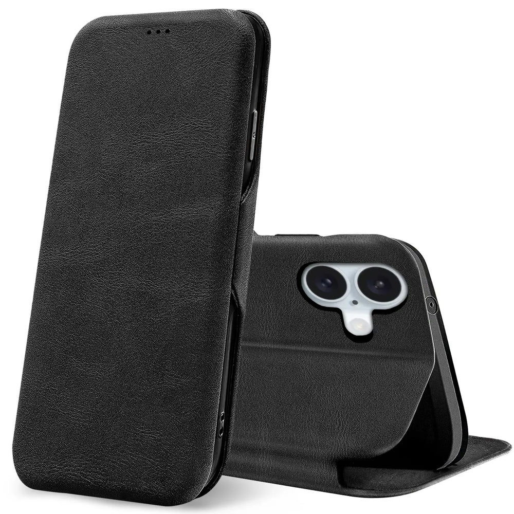 Robuste Klapphülle für iPhone 16 Plus mit Magnetverschluss in Schwarz