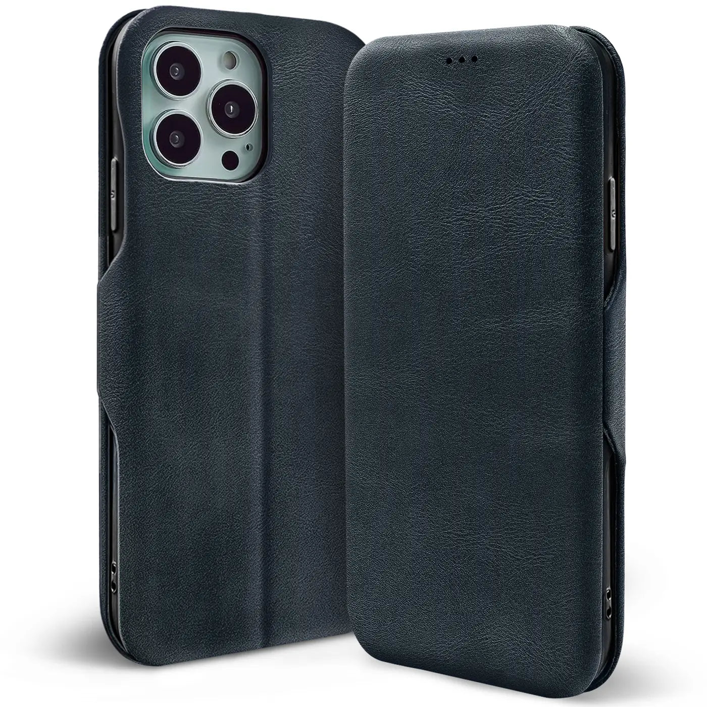 Dunkelblaue Leder-Klapphülle für iPhone 16 Pro Max, von vorne, mit Kartenfach.