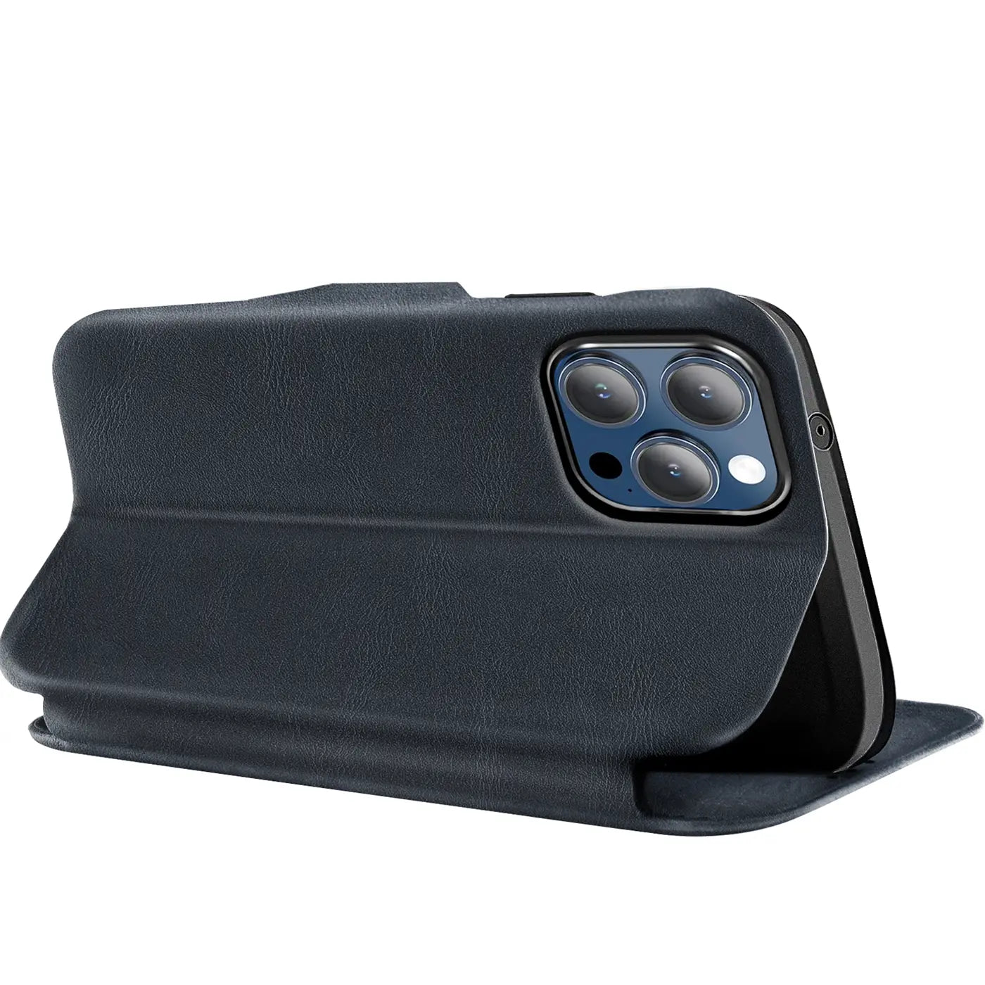 Dunkelblaue Leder-Klapphülle mit Kartenfach, seitliche Ansicht, zeigt iPhone 16 Pro Max