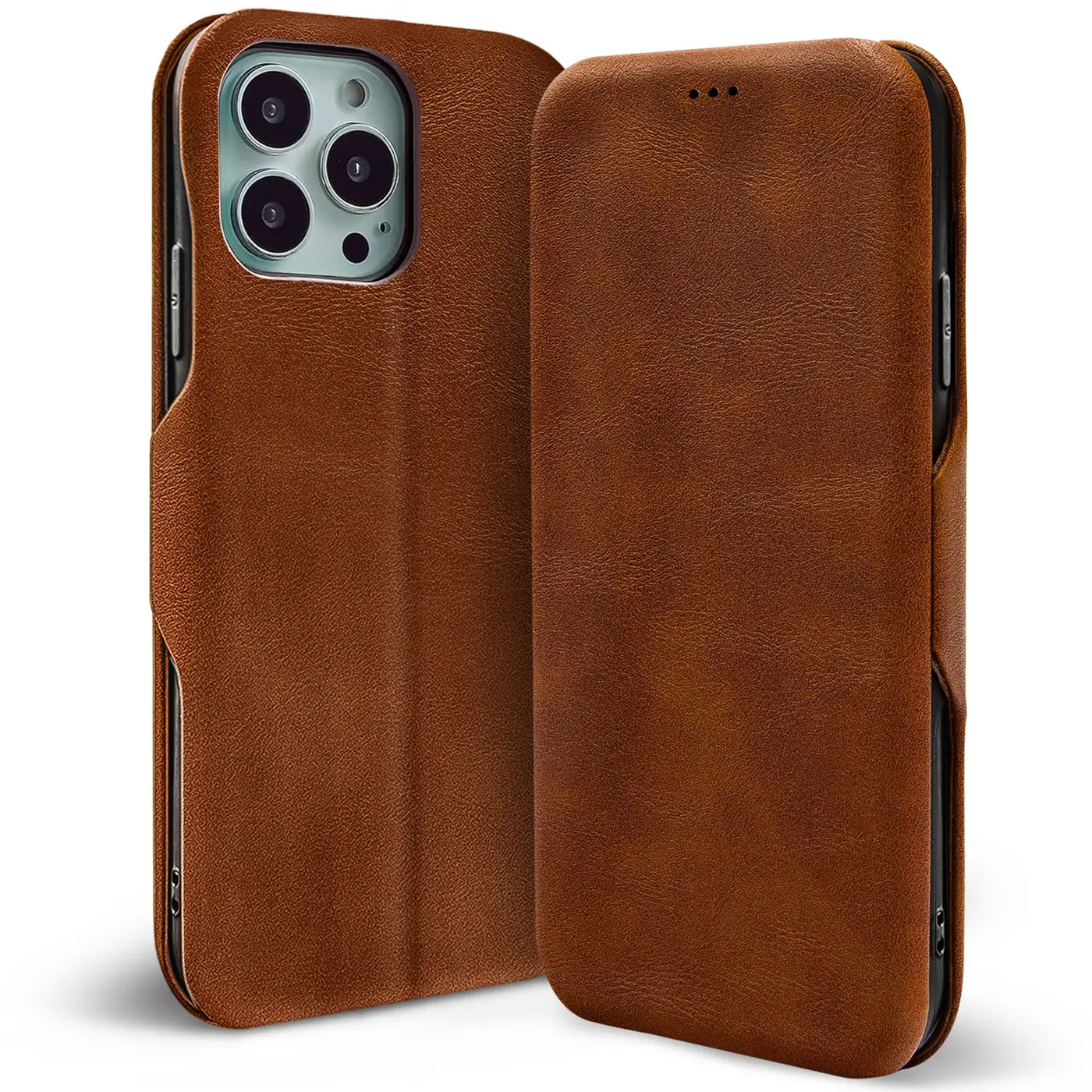 Braune Leder-Klapphülle für iPhone 16 Pro Max, von vorne/seitlich gezeigt.
