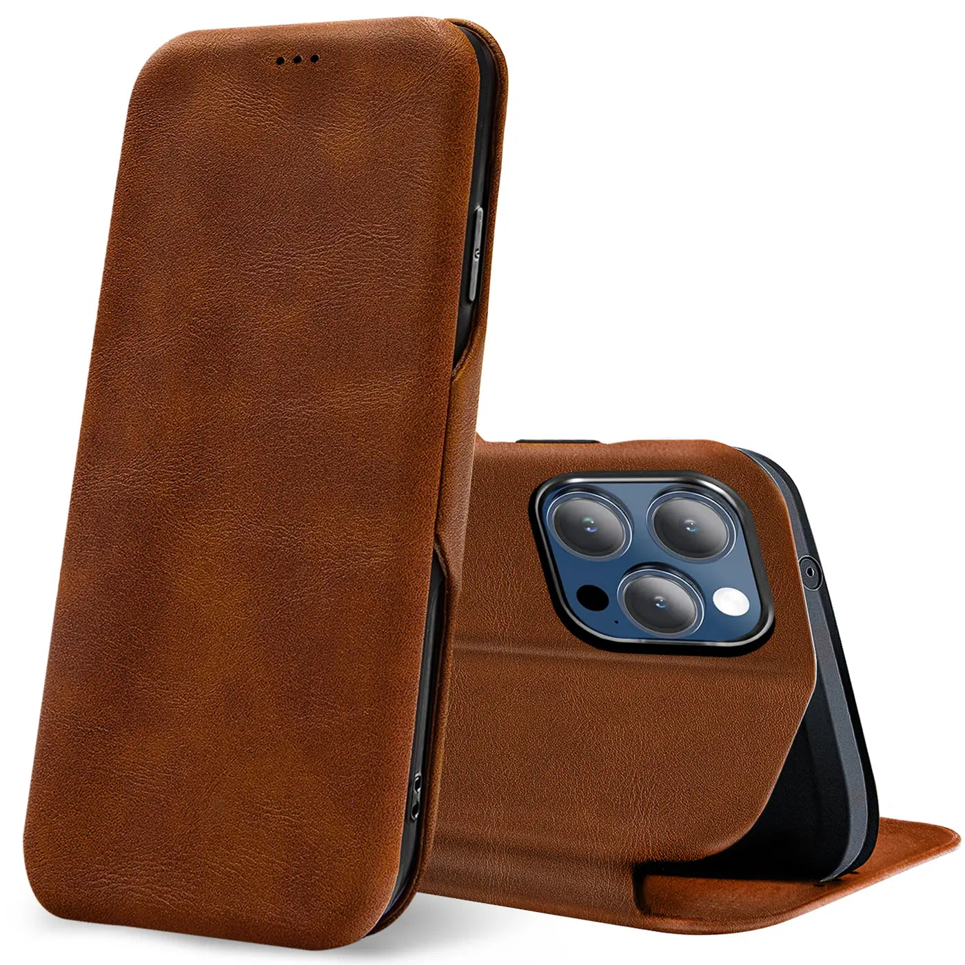 Braune Leder-Klapphülle mit Kartenfach, seitliche Ansicht, zeigt iPhone 16 Pro Max