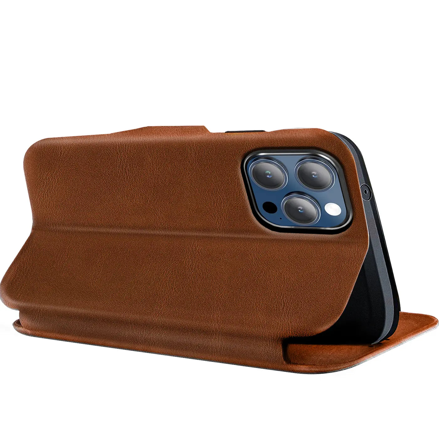 Braune Leder-Klapphülle mit Kartenfach für iPhone 16 Pro Max, Seitenansicht.