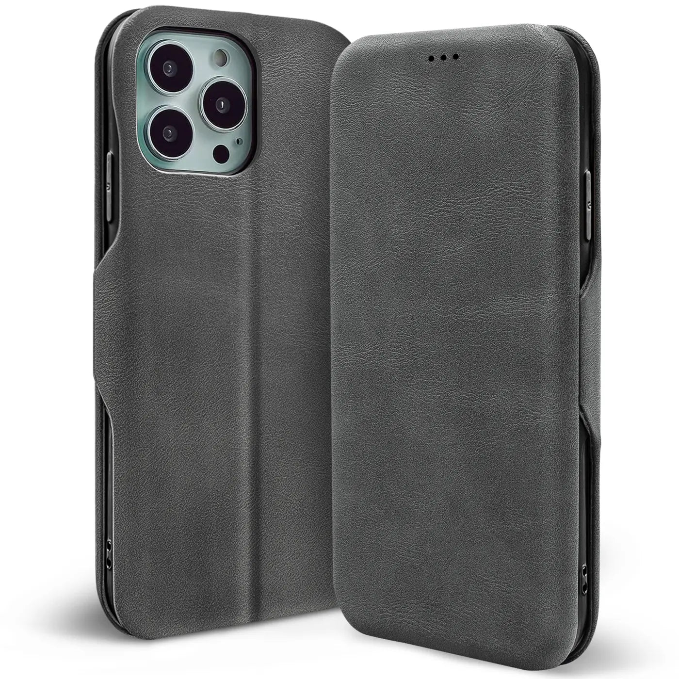 Graue Kunstleder-Klapphülle für iPhone 16 Pro Max, von vorne links, mit Kartenfach.