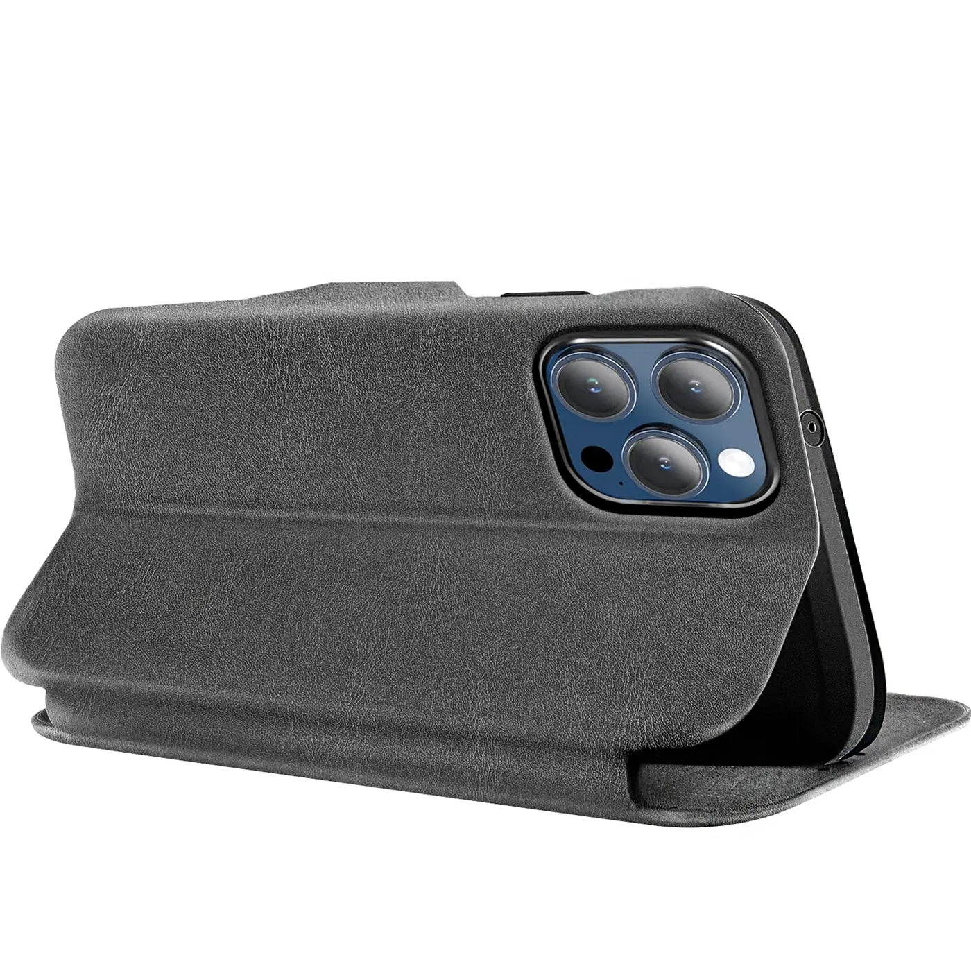 Graue Leder-Klapphülle mit Kartenfach, seitliche Ansicht, iPhone 16 Pro Max