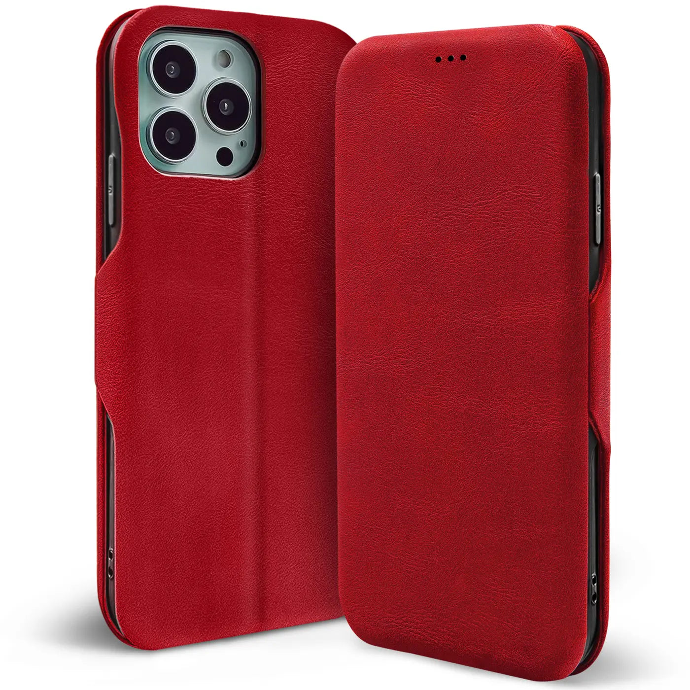 Rote Leder-Klapphülle mit Kartenfach, Vorder- und Rückansicht, für iPhone 16 Pro Max.
