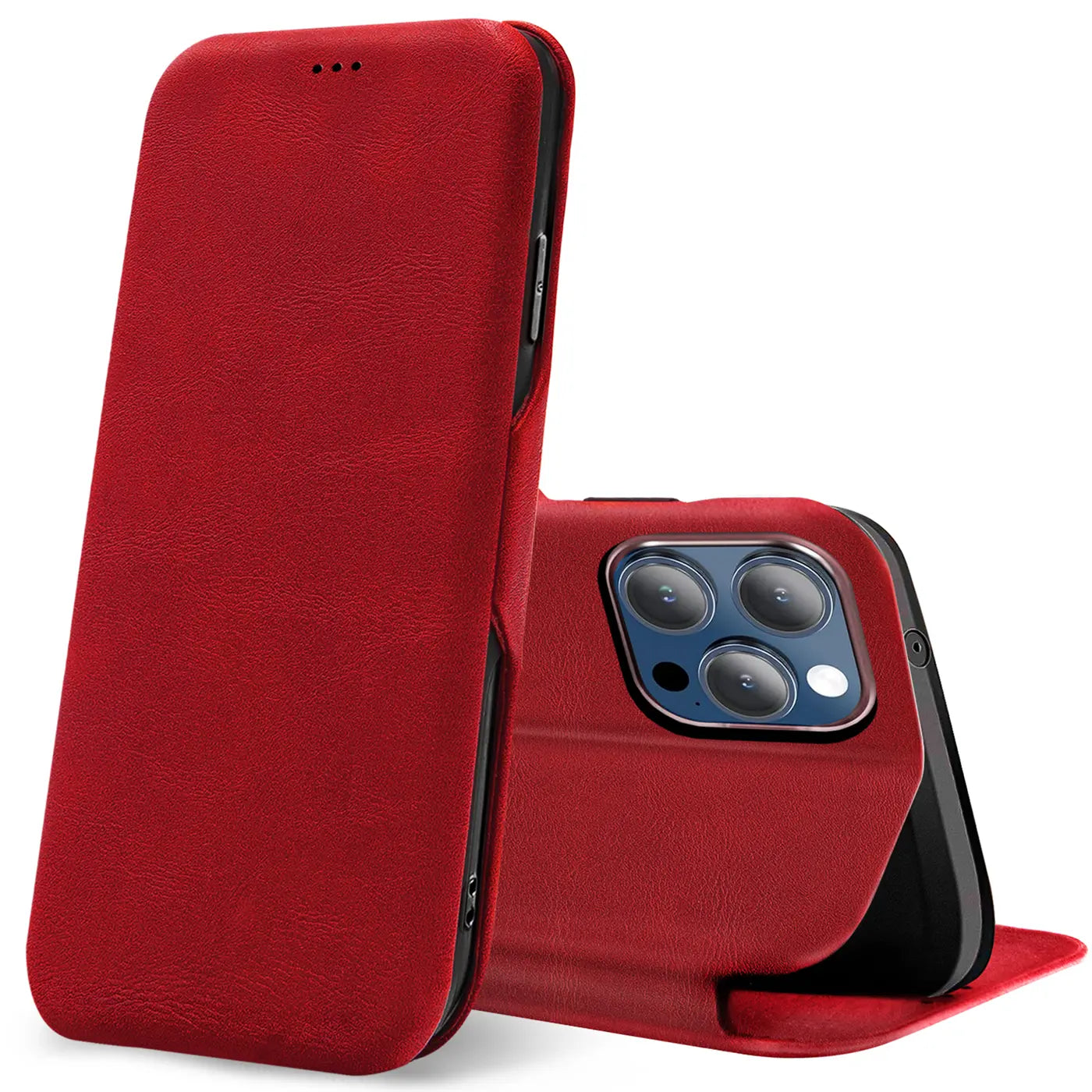 Rote Leder-Klapphülle mit Kartenfach, zeigt iPhone 16 Pro Max von schräg vorne.