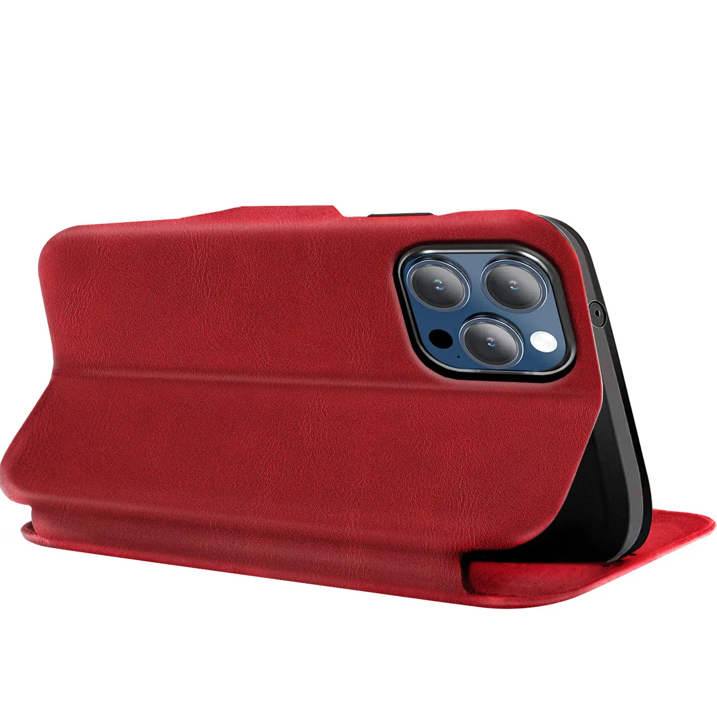 Rote Leder-Klapphülle mit Kartenfach, seitliche Ansicht, zeigt iPhone 16 Pro Max Kamera.