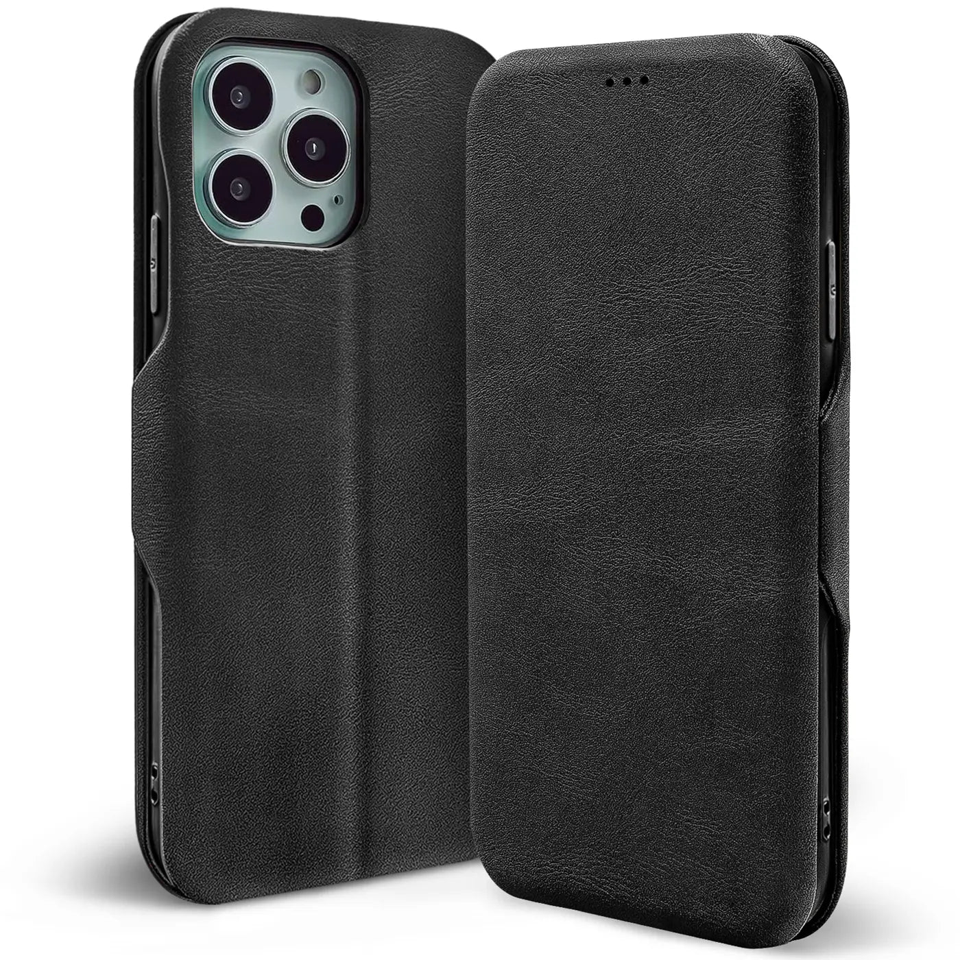 Schwarze Leder-Klapphülle mit Kartenfach, Seitenansicht, zeigt iPhone 16 Pro Max.