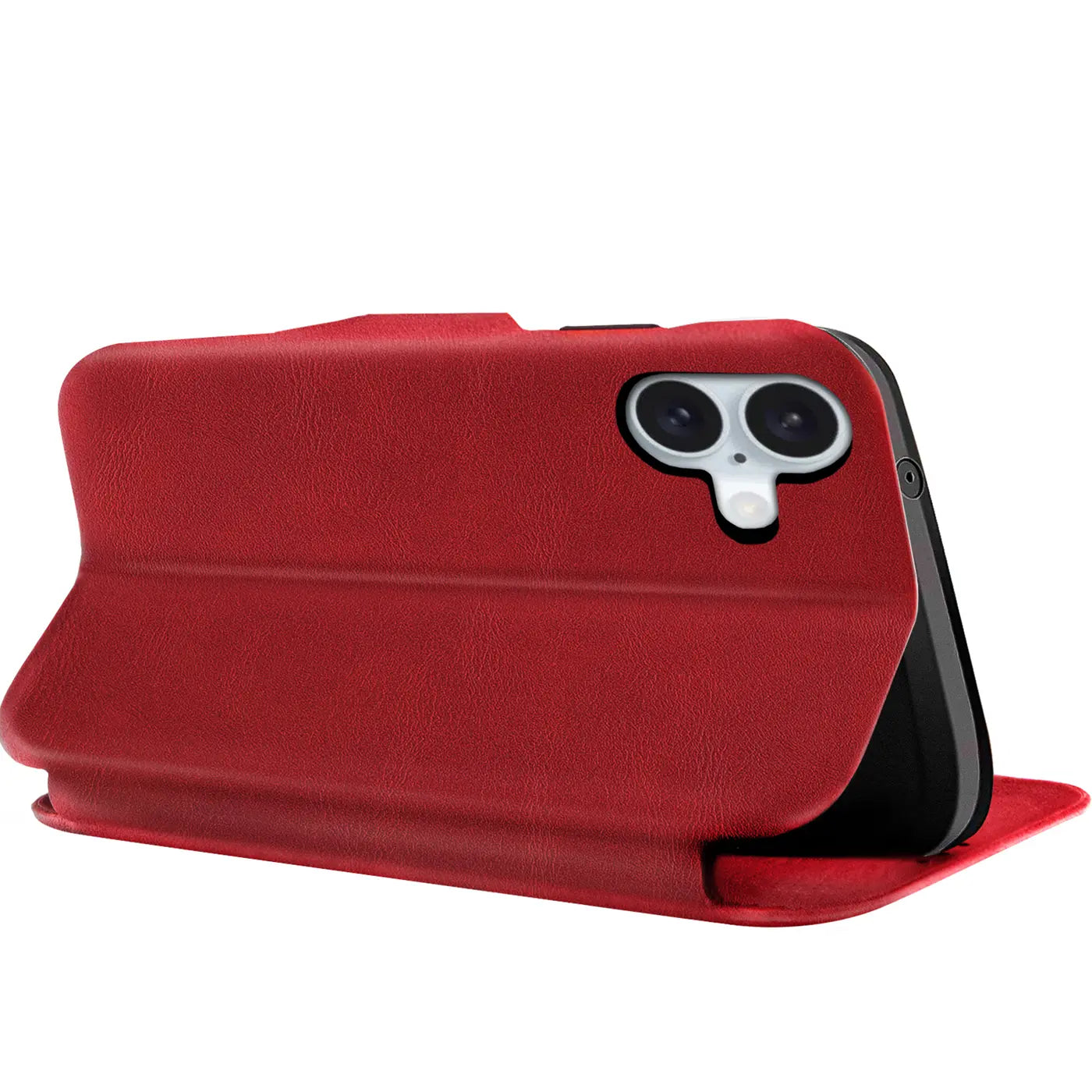 Rote Leder-Klapphülle mit Kartenfach, seitliche Ansicht, zeigt iPhone 16 Rückseite.