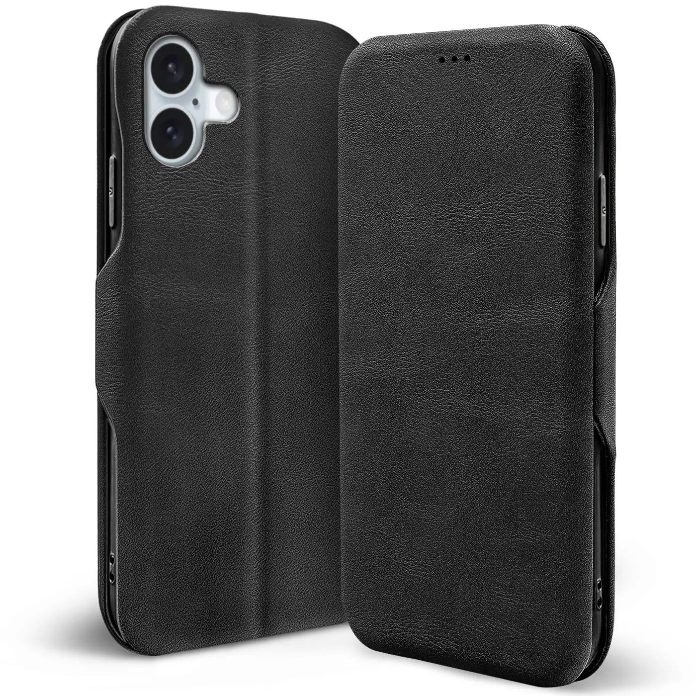 Schwarze Leder-Klapphülle mit Kartenfach, seitliche Ansicht, für iPhone 16.