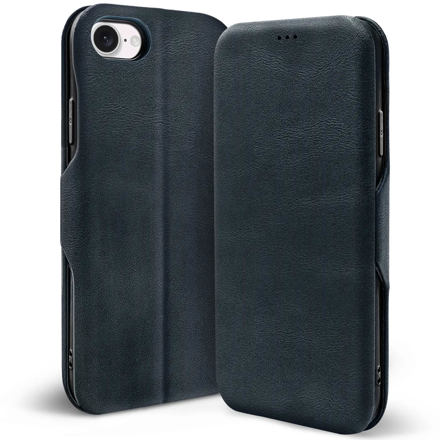Dunkelblaue Leder-Klapphülle mit Kartenfach, Vorder- und Rückansicht, erkennbar iPhone 16e