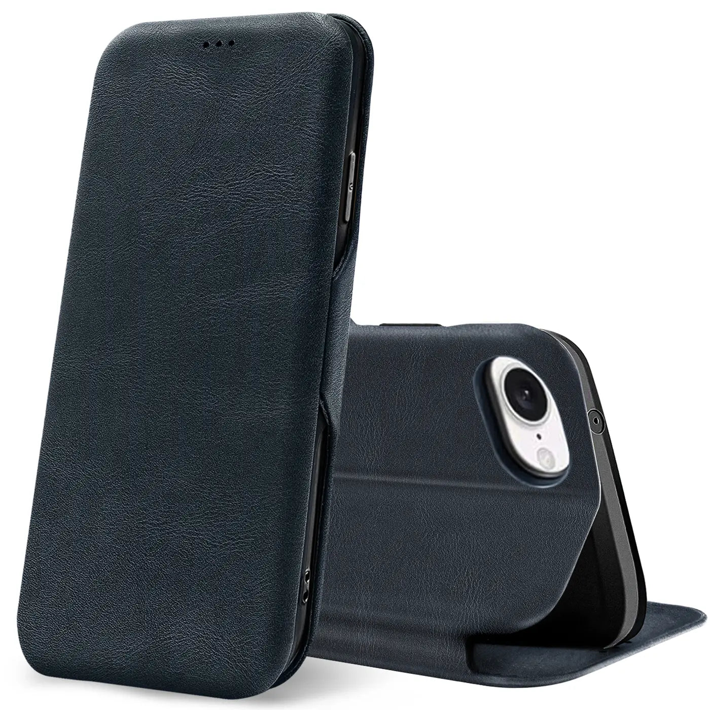 Dunkelblaue Leder-Klapphülle mit Kartenfach, zeigt Rückseite eines iPhones.