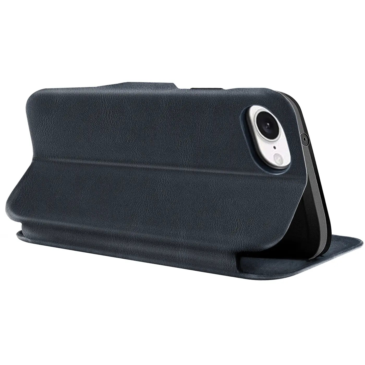 Dunkelblaue Kunstleder-Klapphülle für iPhone 16e, Seitenansicht.