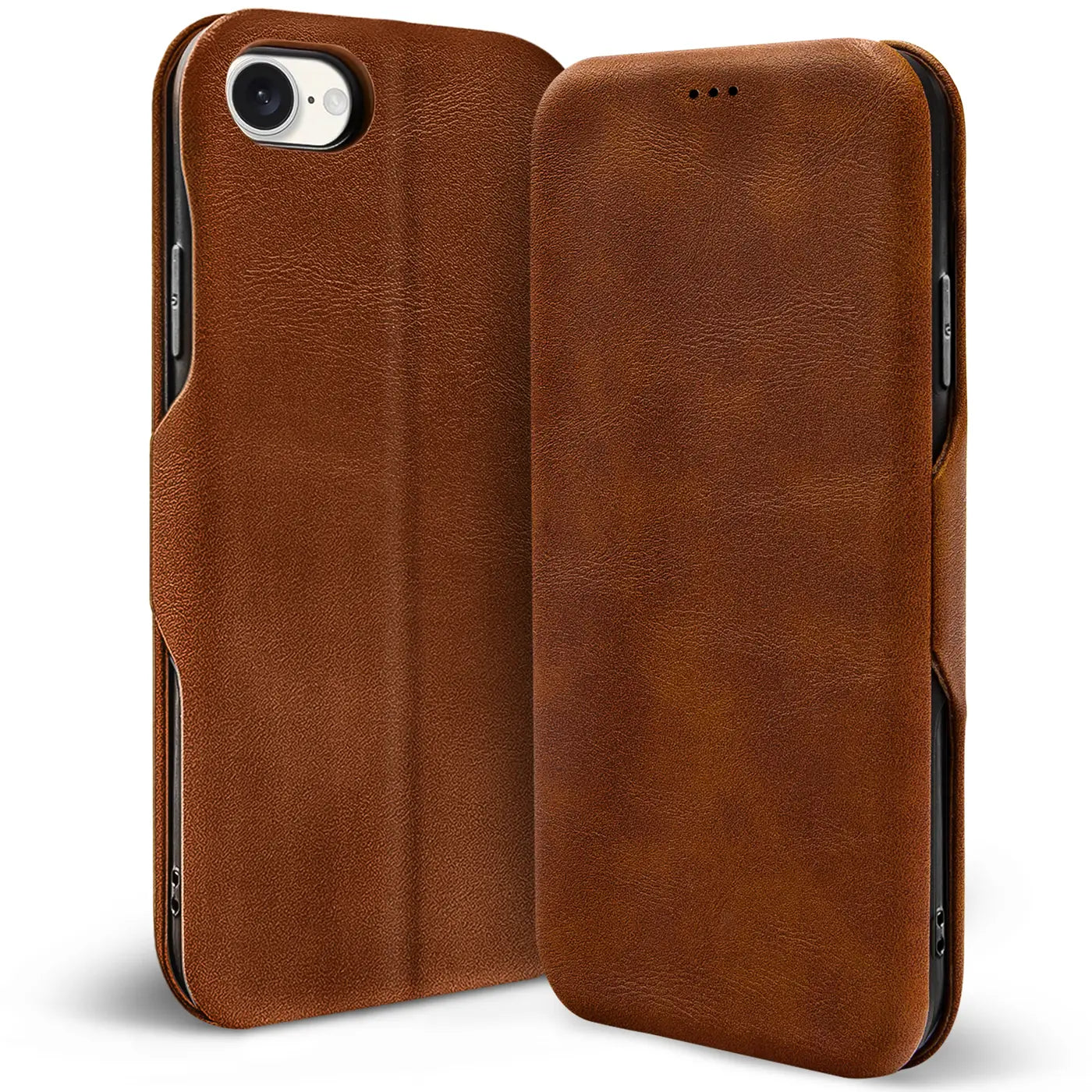 Braune Leder-Klapphülle mit Kartenfach für iPhone, Seitenansicht.